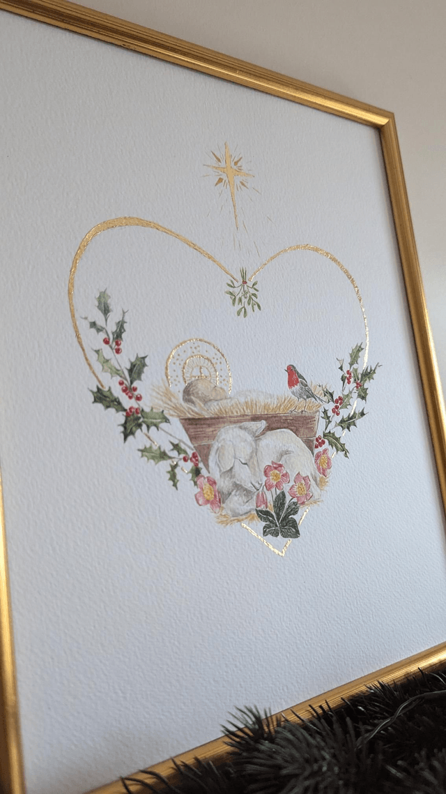 Aquarelle originale Enfant-Jésus encadrée