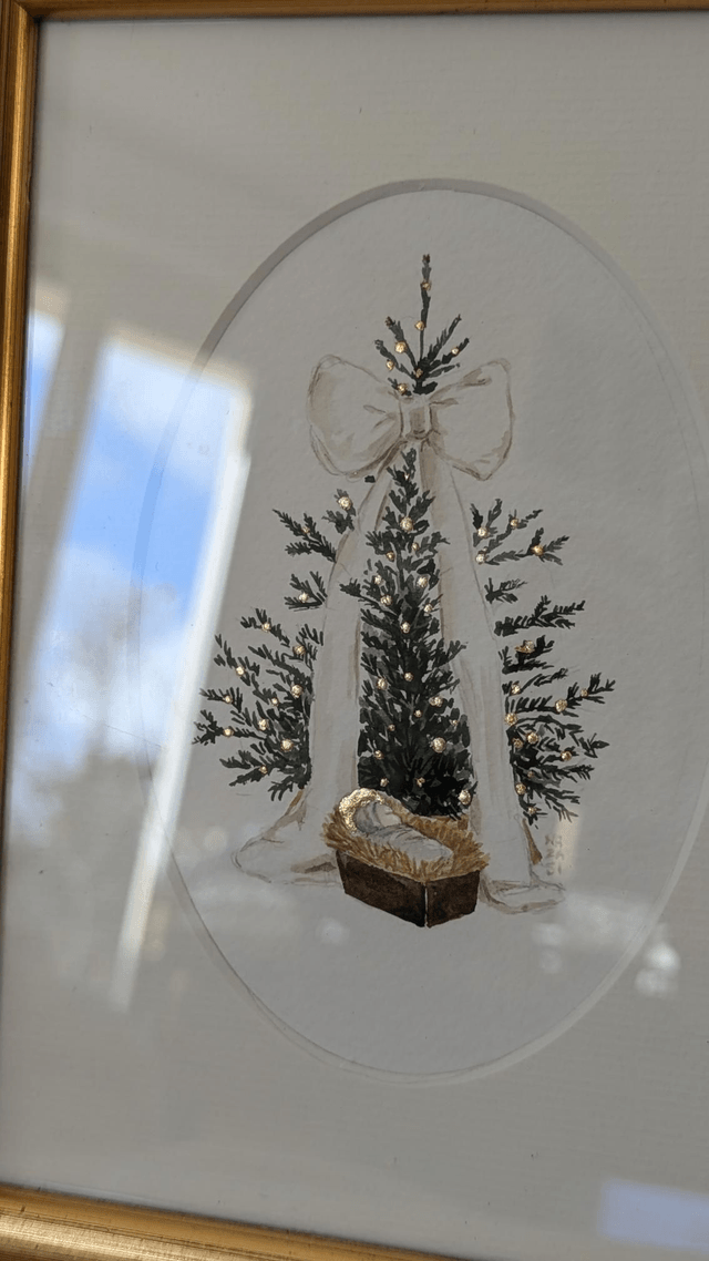 Aquarelle originale Jésus au pied du Sapin noeud Blanc