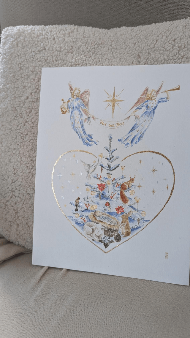 Aquarelle originale Noël anges et animaux 
