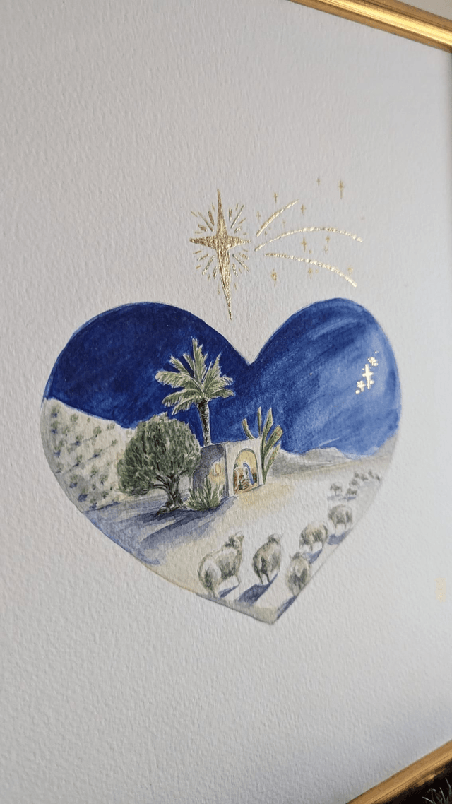 Aquarelle originale Crèche dans la nuit