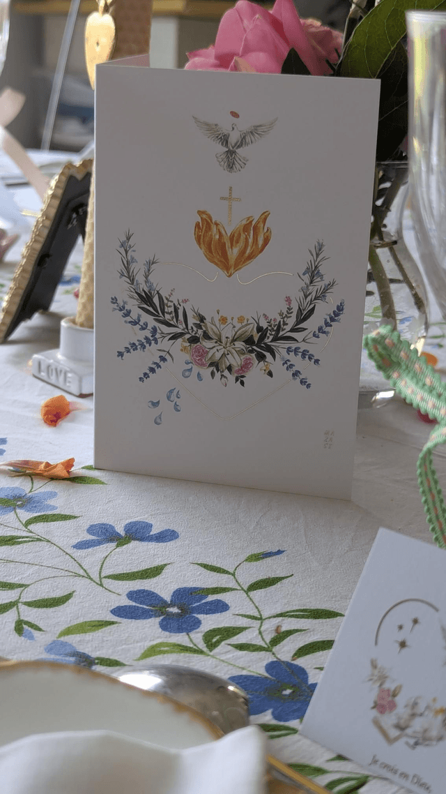 Carte double fleurs du baptême 