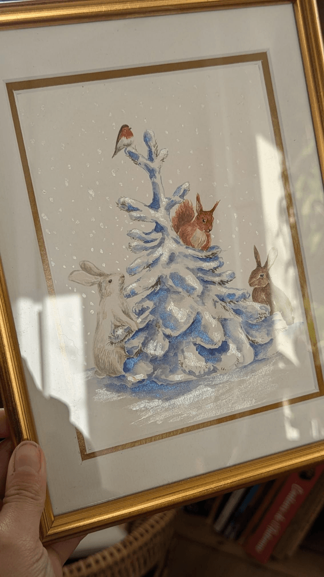 Aquarelle sapin enneigé et animaux 