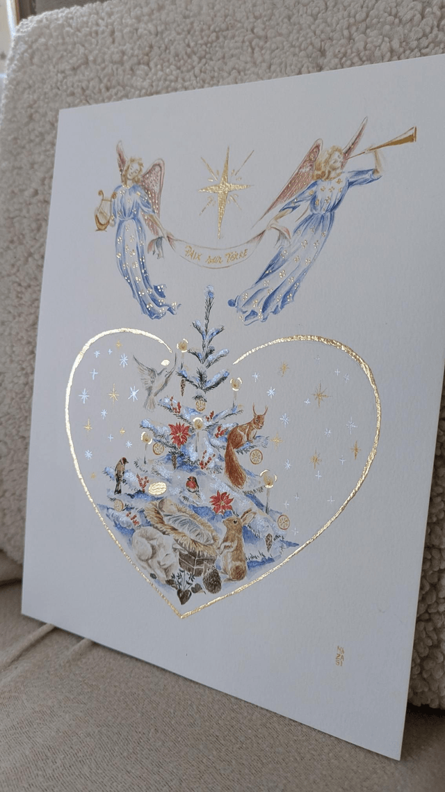 Aquarelle originale Noël Jésus anges et animaux