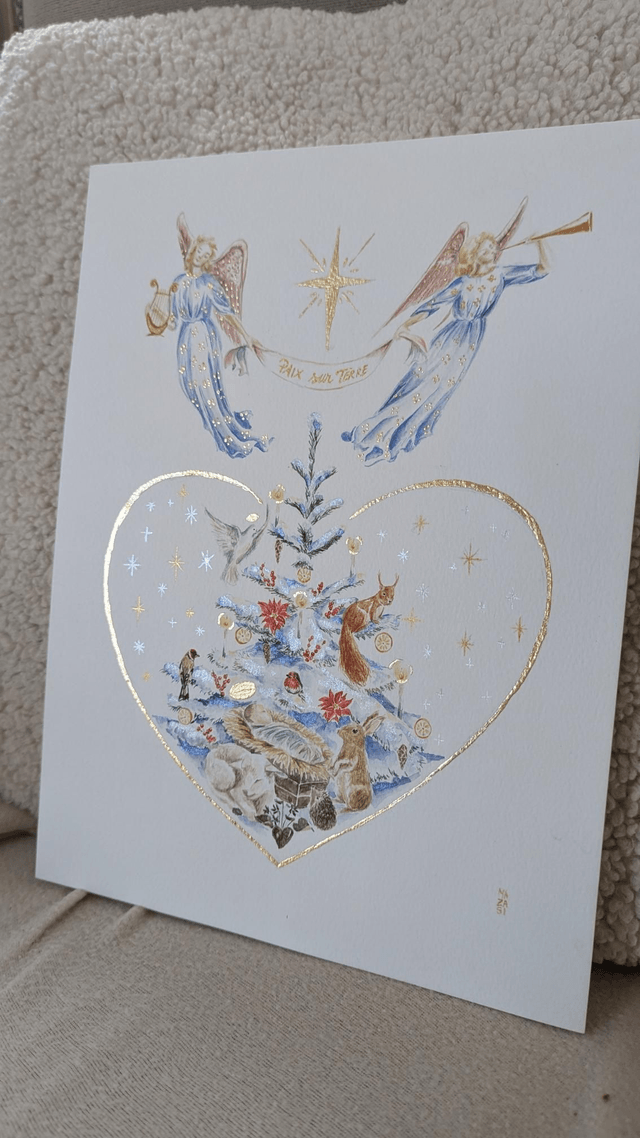 Aquarelle originale Noël Jésus anges et animaux