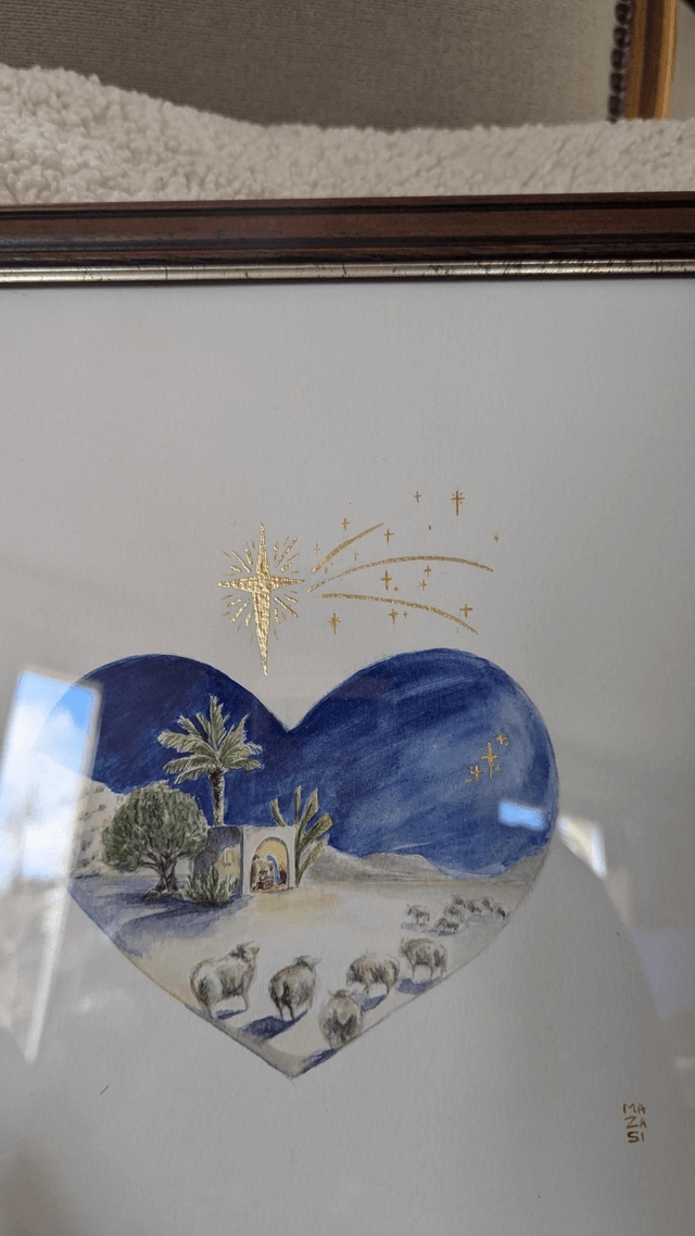 Aquarelle originale Crèche dans la nuit