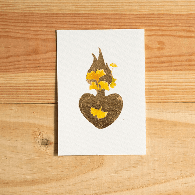 Aquarelle - cœur aux feuilles de ginkgo