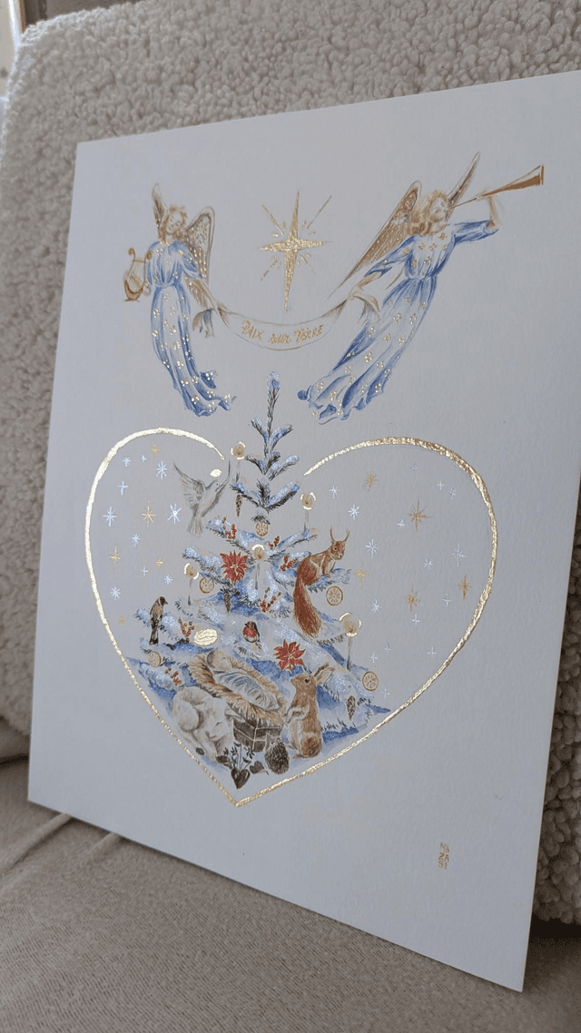 Aquarelle originale Noël Jésus anges et animaux